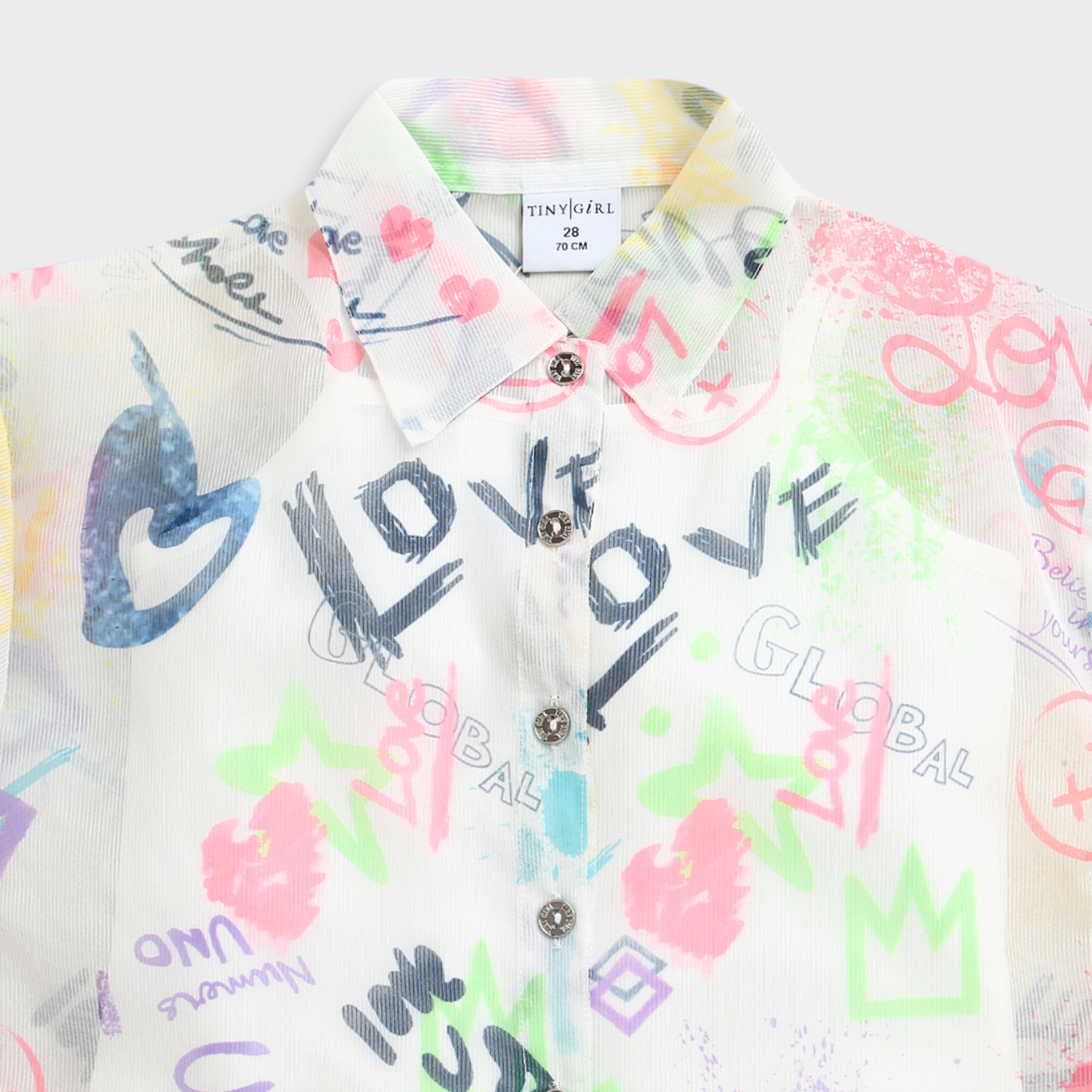 White Graphic Printed Mesh Shirt with Tie-Up Hem TG6384