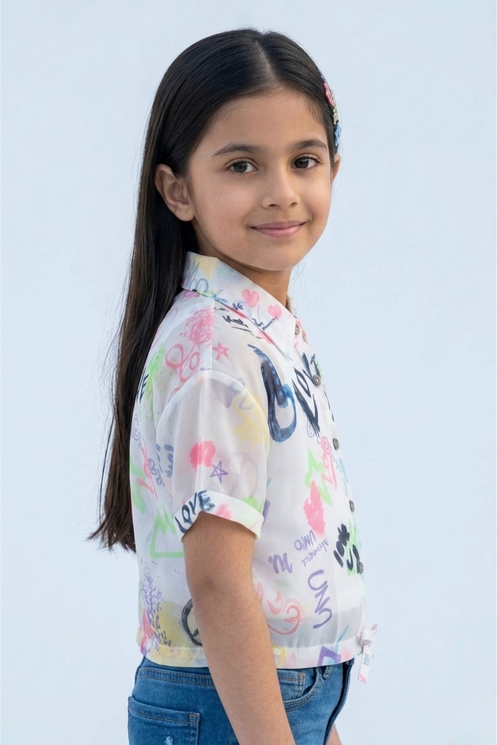 White Graphic Printed Mesh Shirt with Tie-Up Hem TG6384
