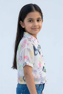 White Graphic Printed Mesh Shirt with Tie-Up Hem TG6384