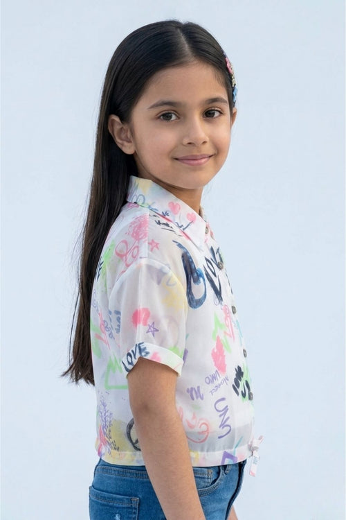 White Graphic Printed Mesh Shirt with Tie-Up Hem TG6384
