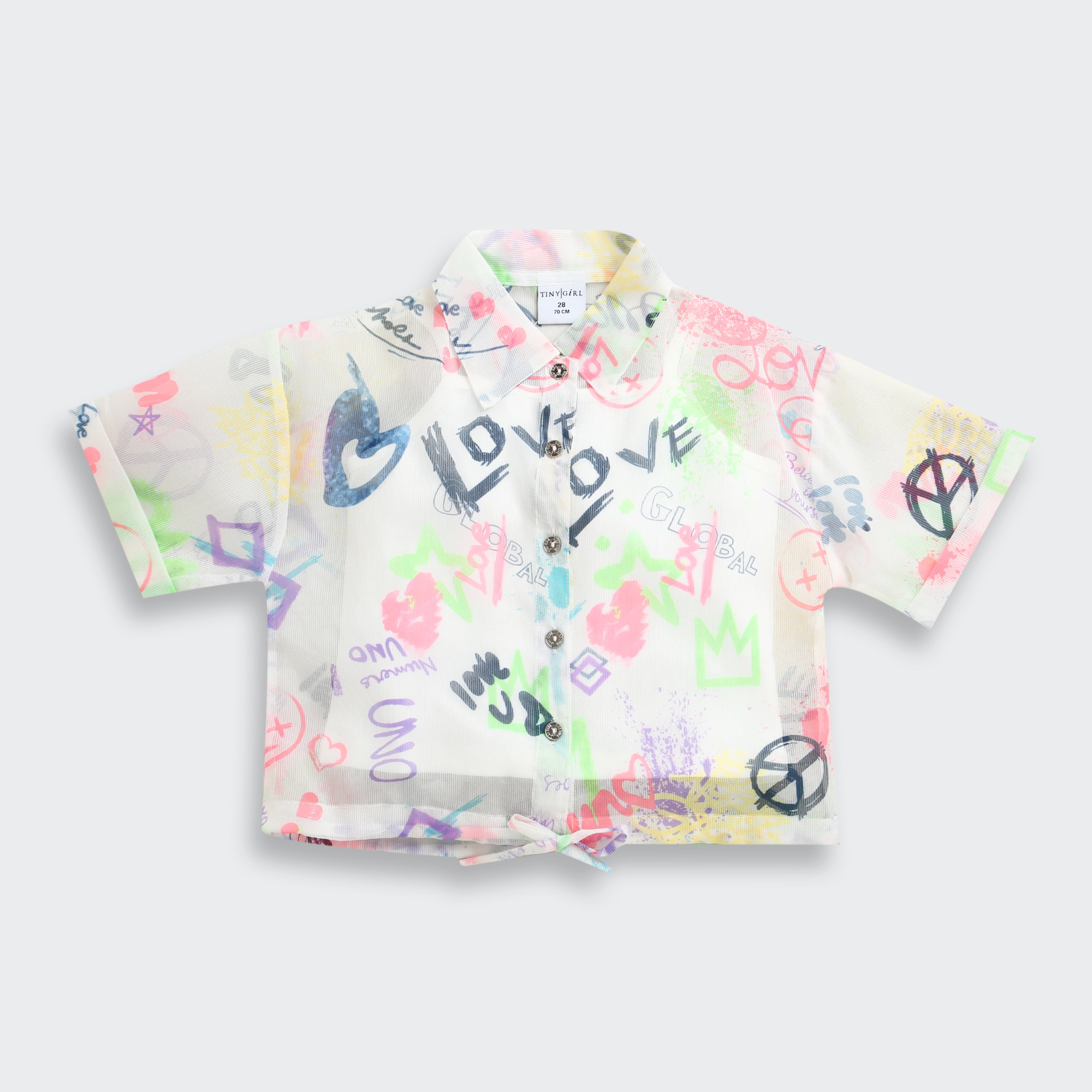 White Graphic Printed Mesh Shirt with Tie-Up Hem TG6384