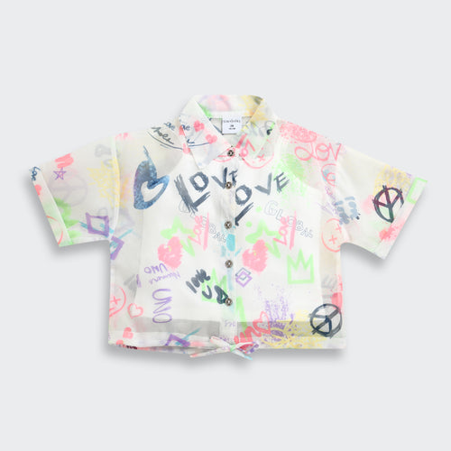 White Graphic Printed Mesh Shirt with Tie-Up Hem TG6384