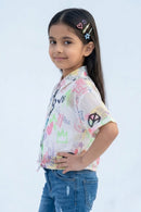 White Graphic Printed Mesh Shirt with Tie-Up Hem TG6384