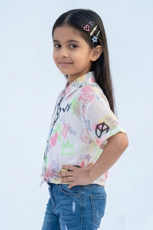 White Graphic Printed Mesh Shirt with Tie-Up Hem TG6384