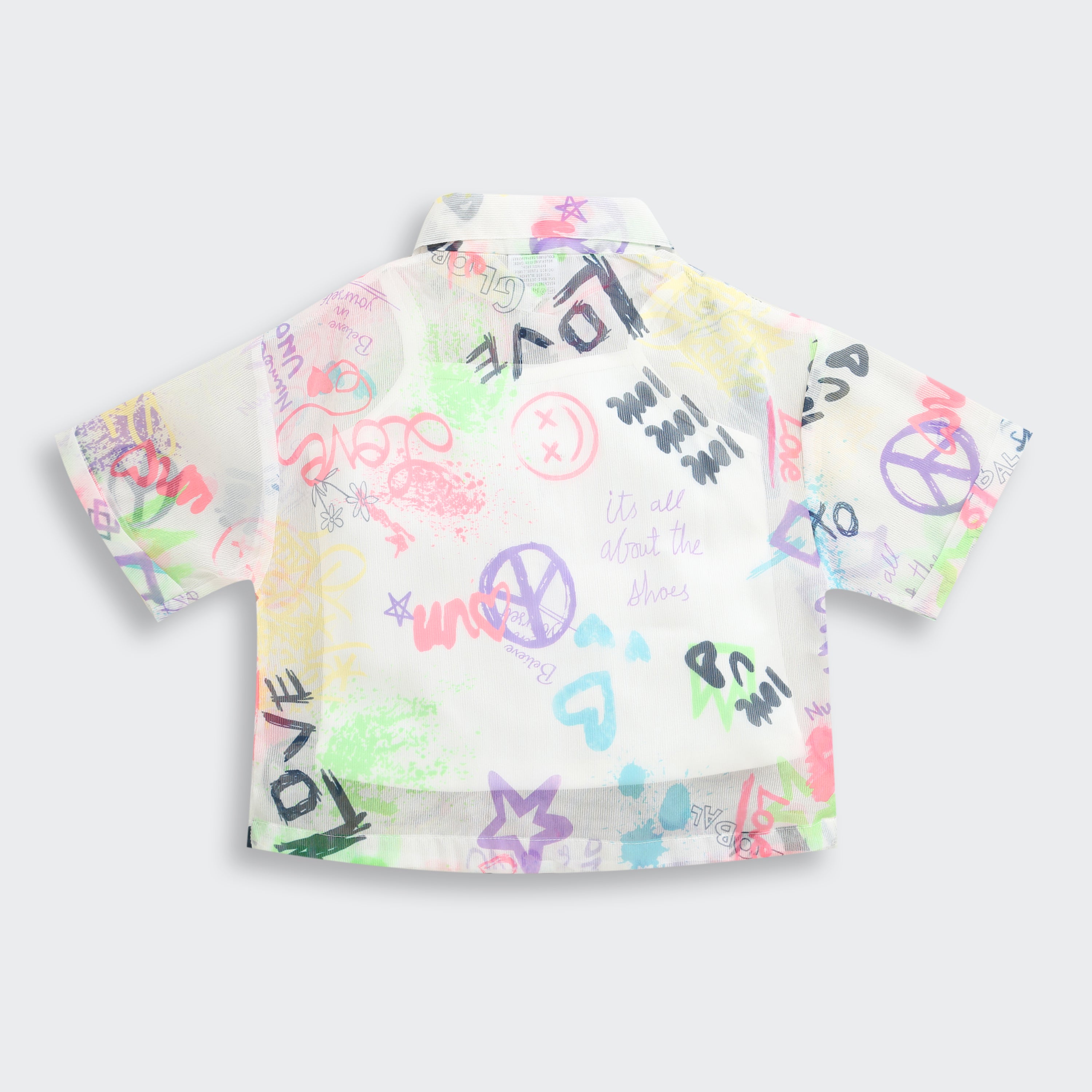 White Graphic Printed Mesh Shirt with Tie-Up Hem TG6384