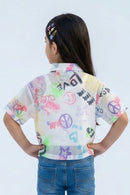 White Graphic Printed Mesh Shirt with Tie-Up Hem TG6384