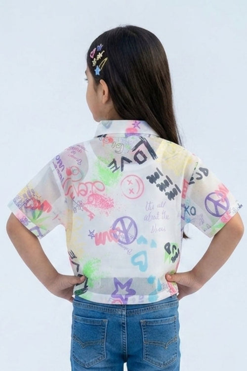 White Graphic Printed Mesh Shirt with Tie-Up Hem TG6384