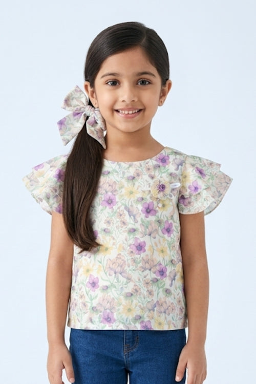 Ruffled Sleeves Green Floral Printed Top TG6390