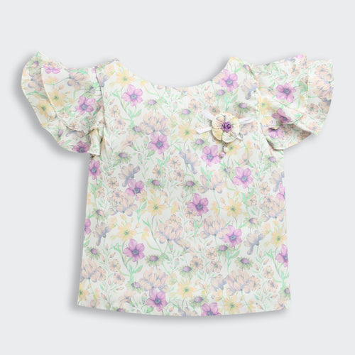 Ruffled Sleeves Green Floral Printed Top TG6390