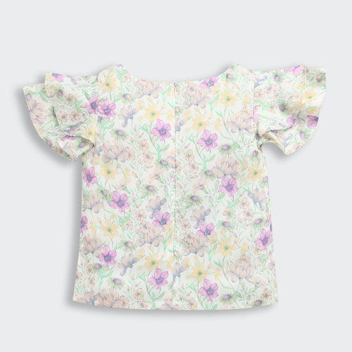 Ruffled Sleeves Green Floral Printed Top TG6390