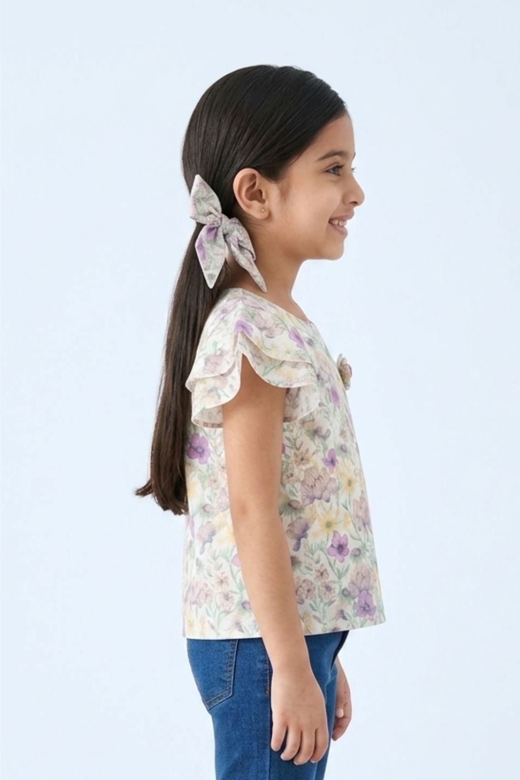 Ruffled Sleeves Green Floral Printed Top TG6390