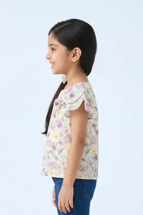 Ruffled Sleeves Green Floral Printed Top TG6390