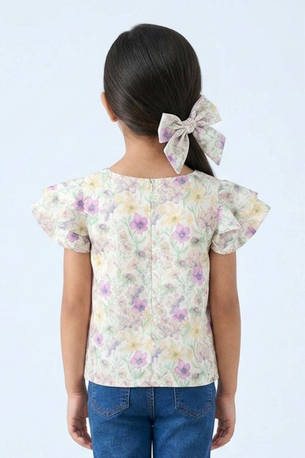 Ruffled Sleeves Green Floral Printed Top TG6390