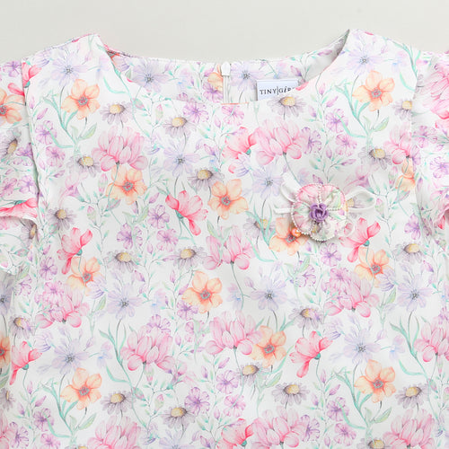 Ruffled Sleeves Lavender Floral Printed Top TG6390