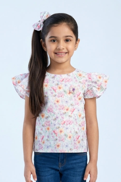 Ruffled Sleeves Lavender Floral Printed Top TG6390