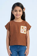 Rust Cotton Top with Crochet Floral Patch Pocket TG6394
