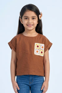 Rust Cotton Top with Crochet Floral Patch Pocket TG6394