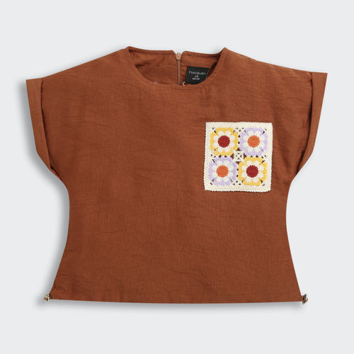 Rust Cotton Top with Crochet Floral Patch Pocket TG6394
