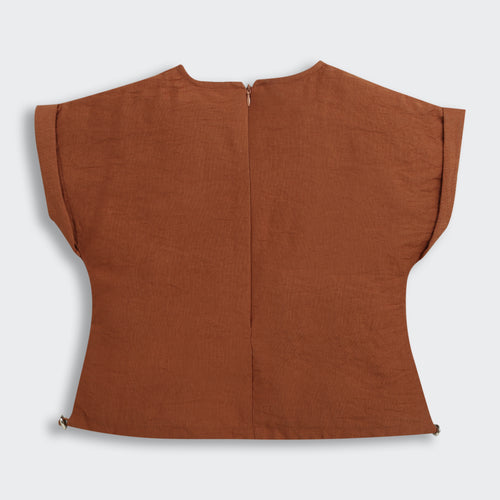 Rust Cotton Top with Crochet Floral Patch Pocket TG6394