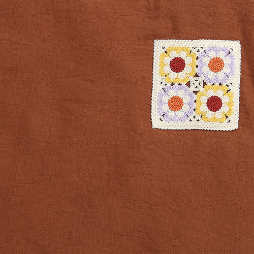 Rust Cotton Top with Crochet Floral Patch Pocket TG6394