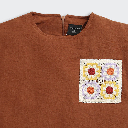 Rust Cotton Top with Crochet Floral Patch Pocket TG6394