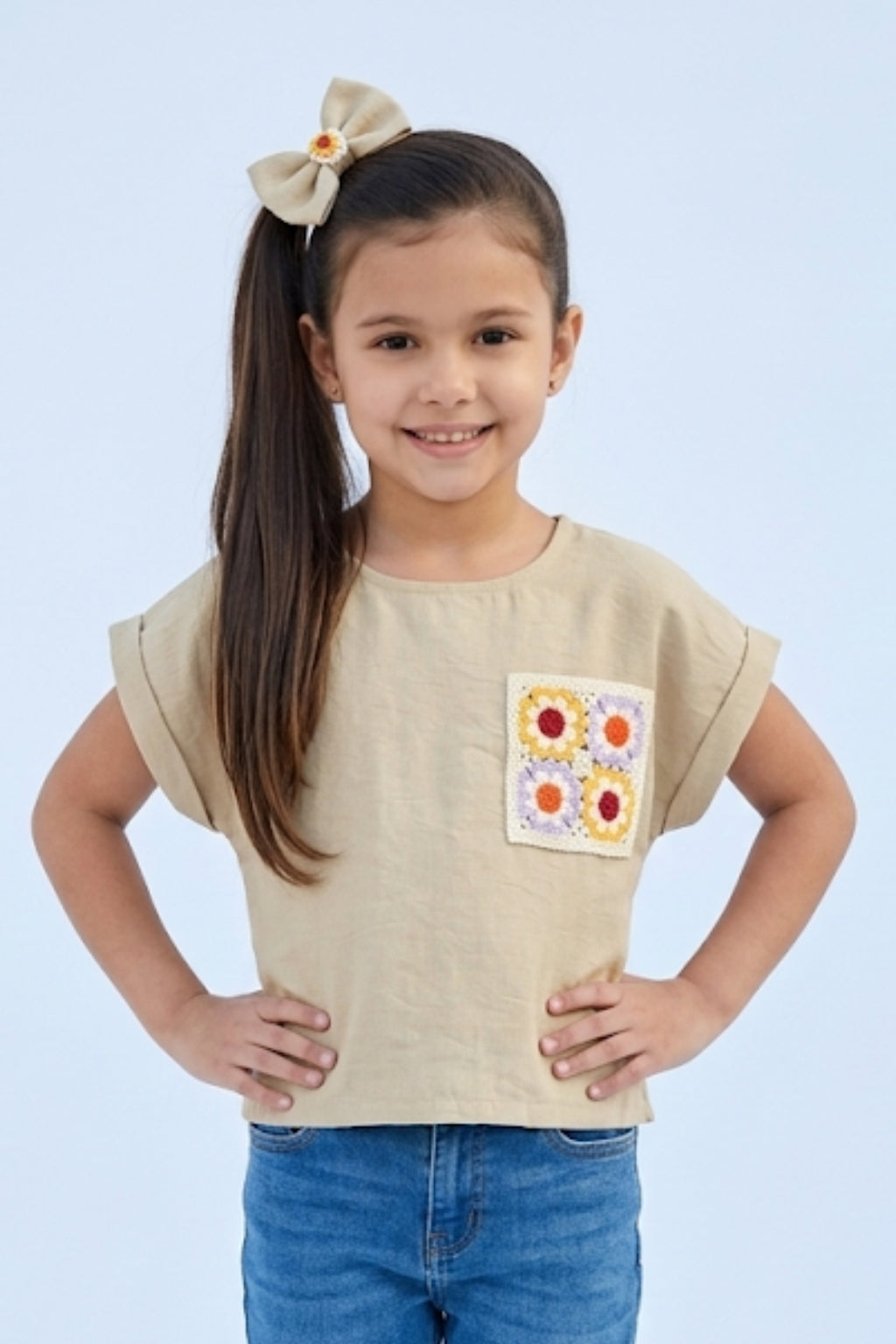 Fawn Cotton Top with Crochet Floral Patch Pocket TG6394