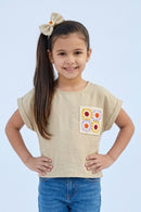 Fawn Cotton Top with Crochet Floral Patch Pocket TG6394