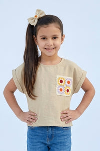 Fawn Cotton Top with Crochet Floral Patch Pocket TG6394