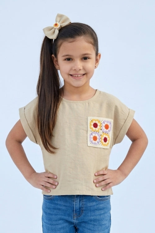 Fawn Cotton Top with Crochet Floral Patch Pocket TG6394