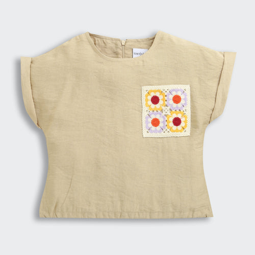 Fawn Cotton Top with Crochet Floral Patch Pocket TG6394