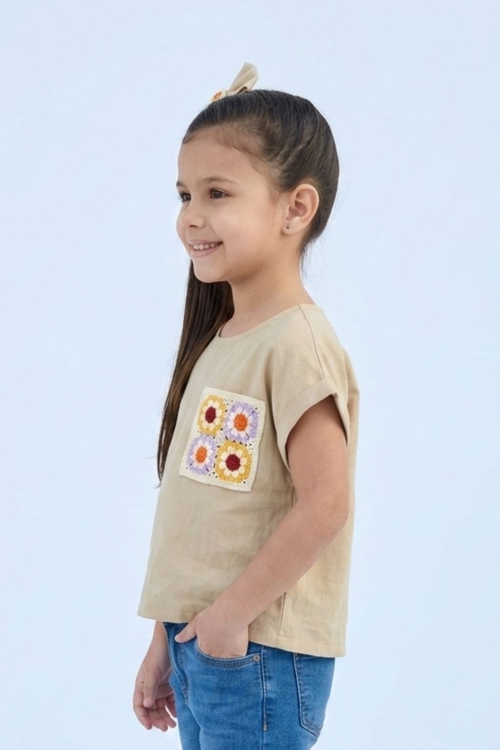 Fawn Cotton Top with Crochet Floral Patch Pocket TG6394