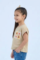 Fawn Cotton Top with Crochet Floral Patch Pocket TG6394