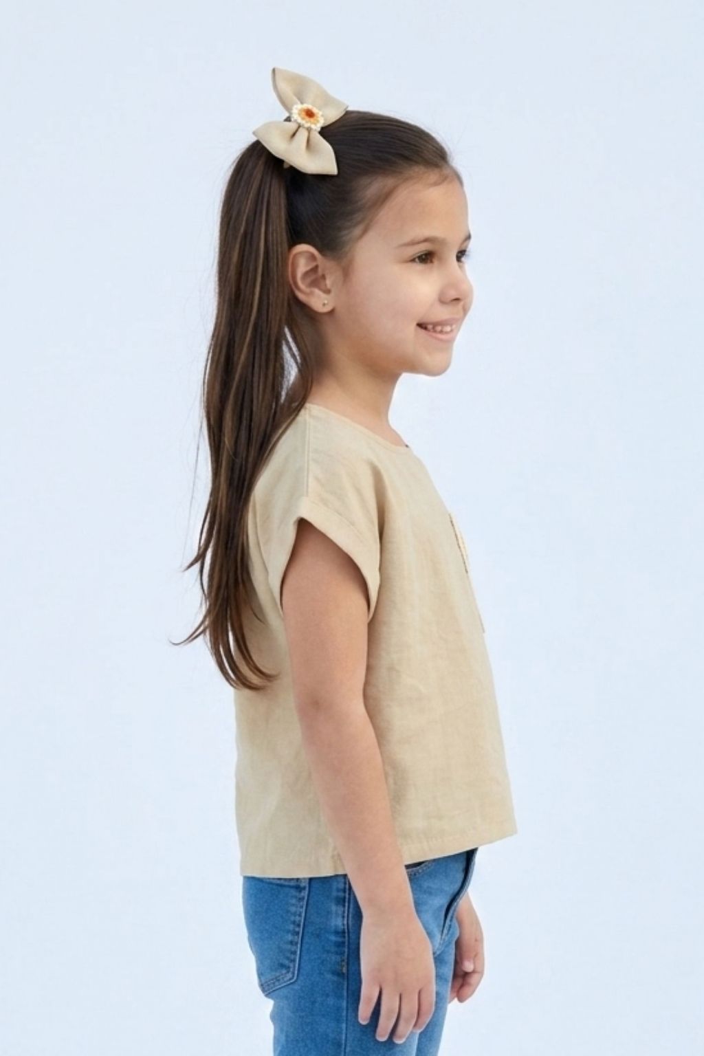 Fawn Cotton Top with Crochet Floral Patch Pocket TG6394