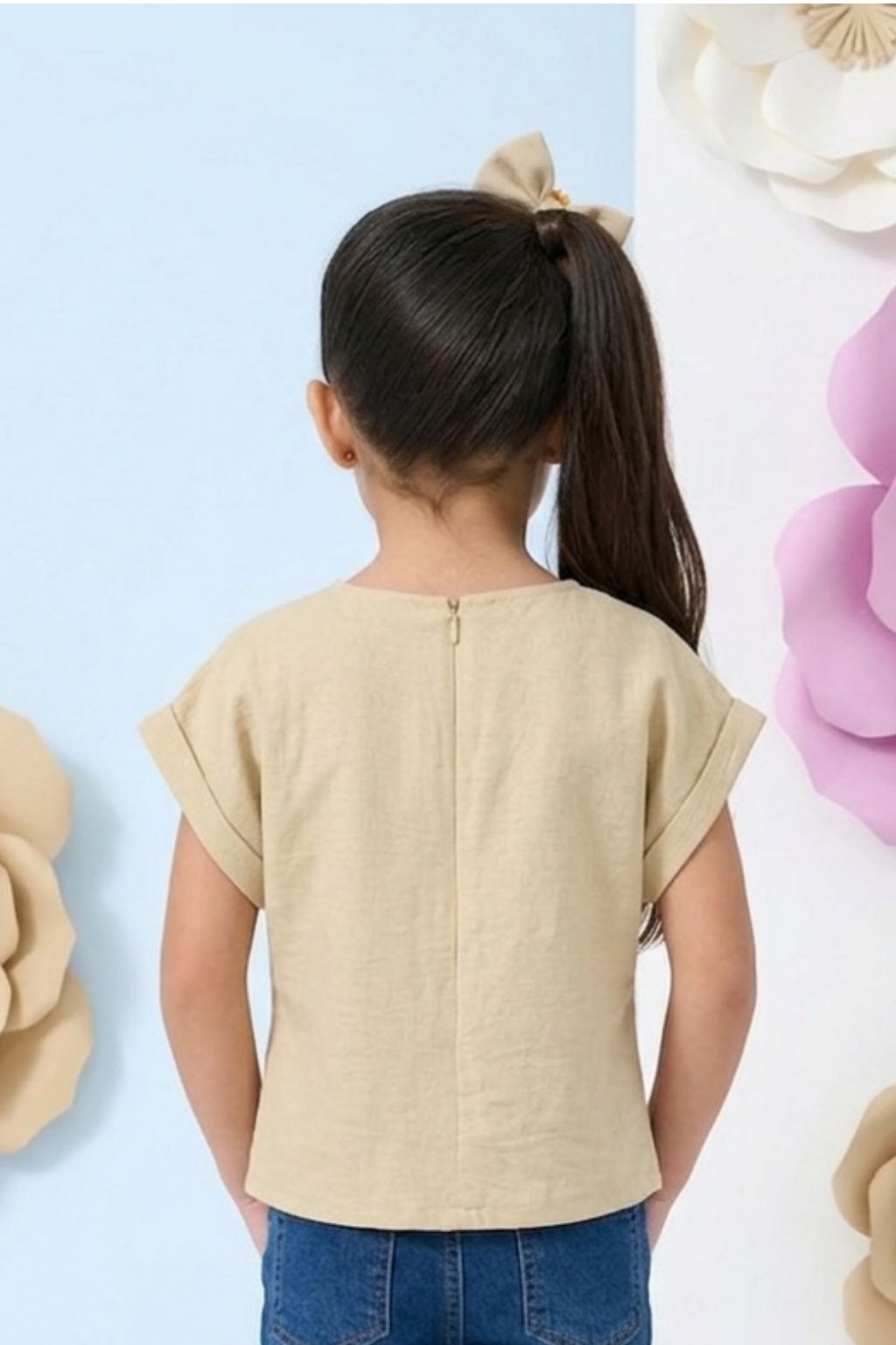 Fawn Cotton Top with Crochet Floral Patch Pocket TG6394