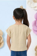 Fawn Cotton Top with Crochet Floral Patch Pocket TG6394