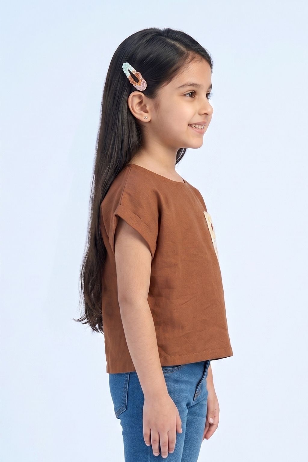 Rust Cotton Top with Crochet Floral Patch Pocket TG6394