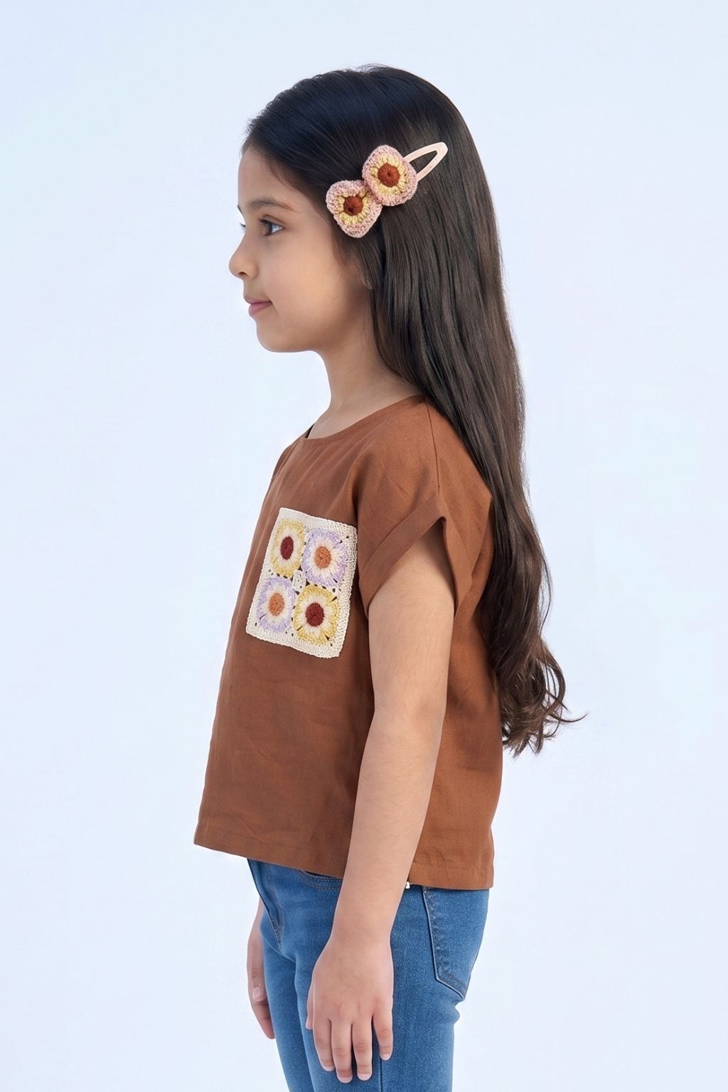 Rust Cotton Top with Crochet Floral Patch Pocket TG6394