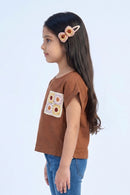 Rust Cotton Top with Crochet Floral Patch Pocket TG6394