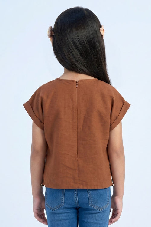 Rust Cotton Top with Crochet Floral Patch Pocket TG6394