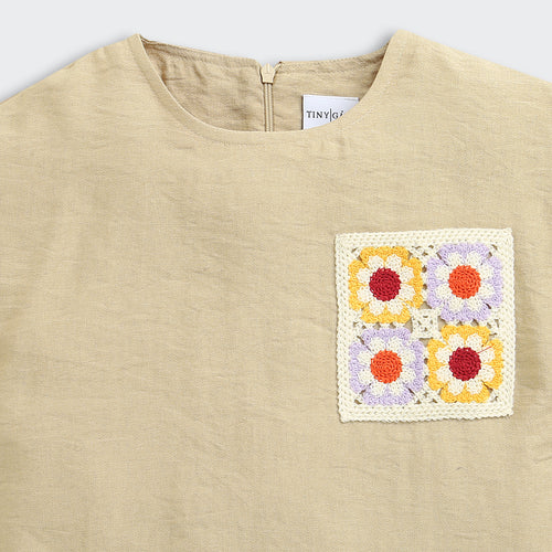 Fawn Cotton Top with Crochet Floral Patch Pocket TG6394