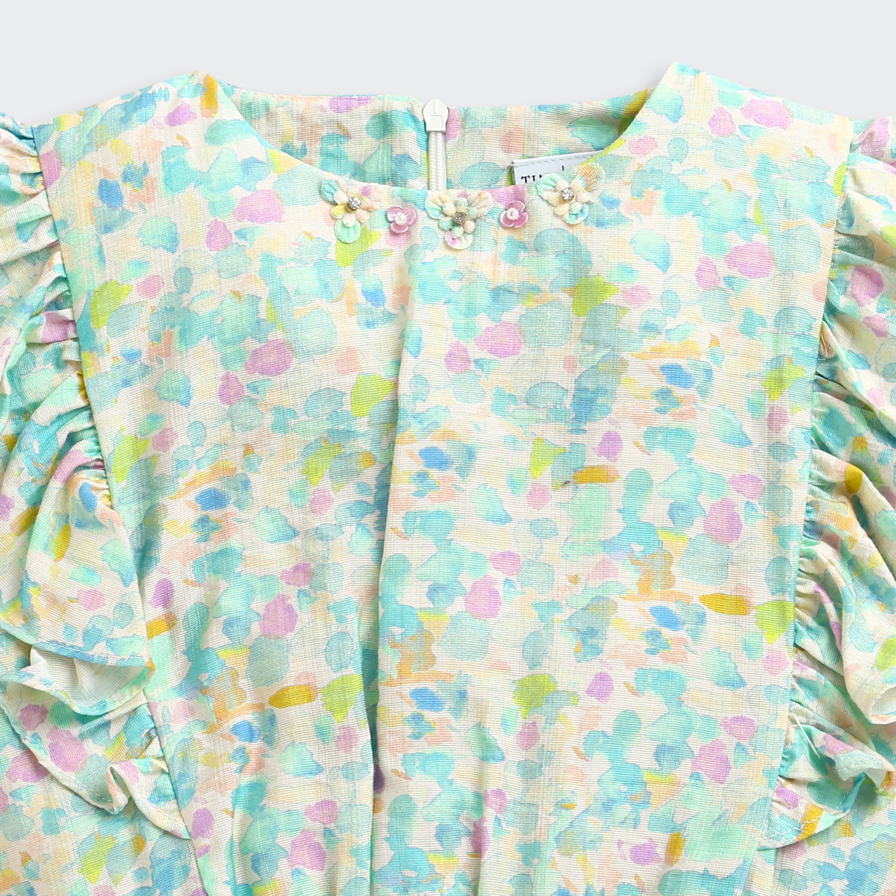 Pastel Floral Printed Ruffle Sleeve Top TG6398