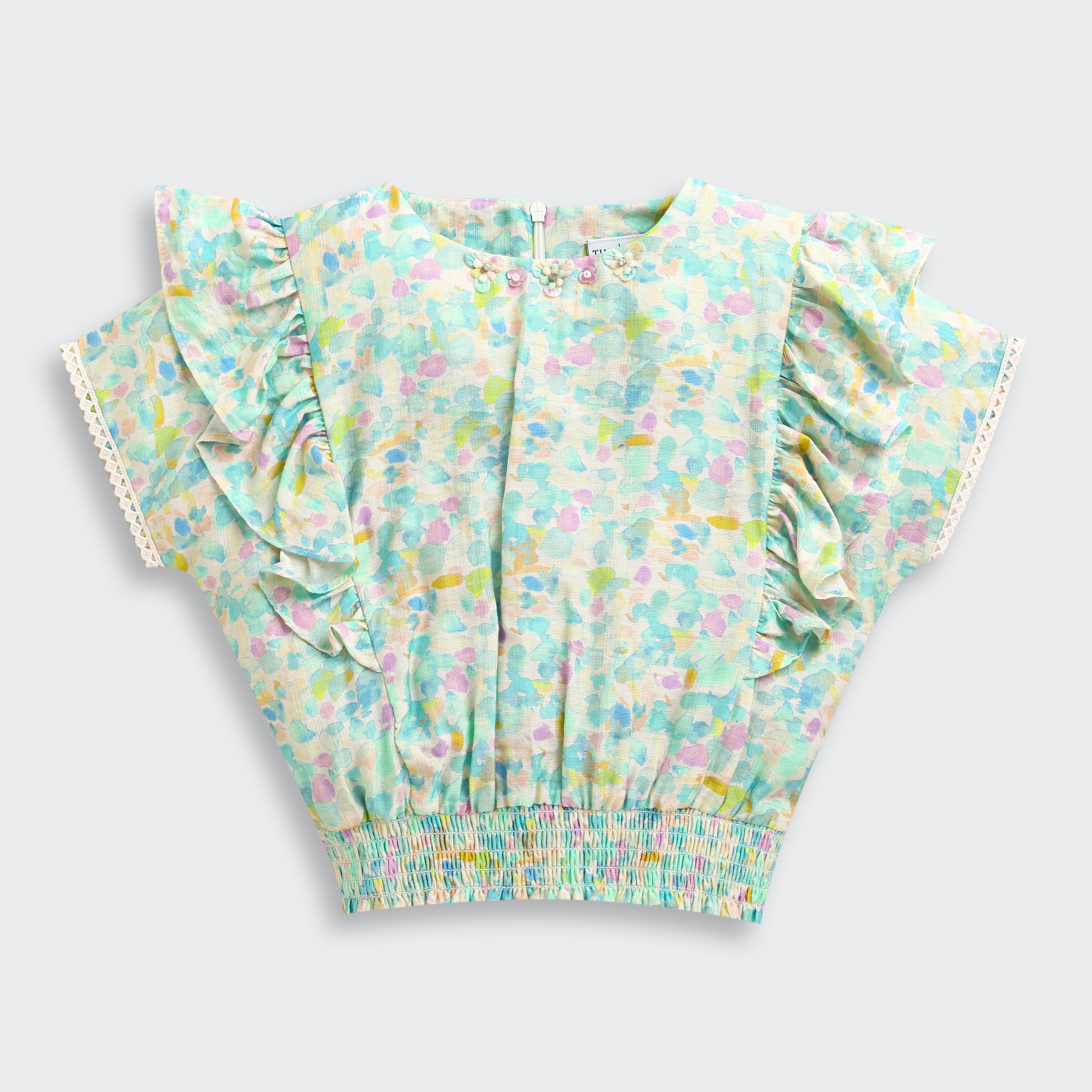 Pastel Floral Printed Ruffle Sleeve Top TG6398