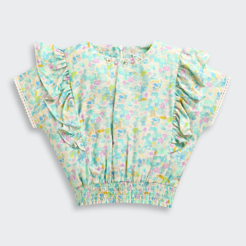Pastel Floral Printed Ruffle Sleeve Top TG6398