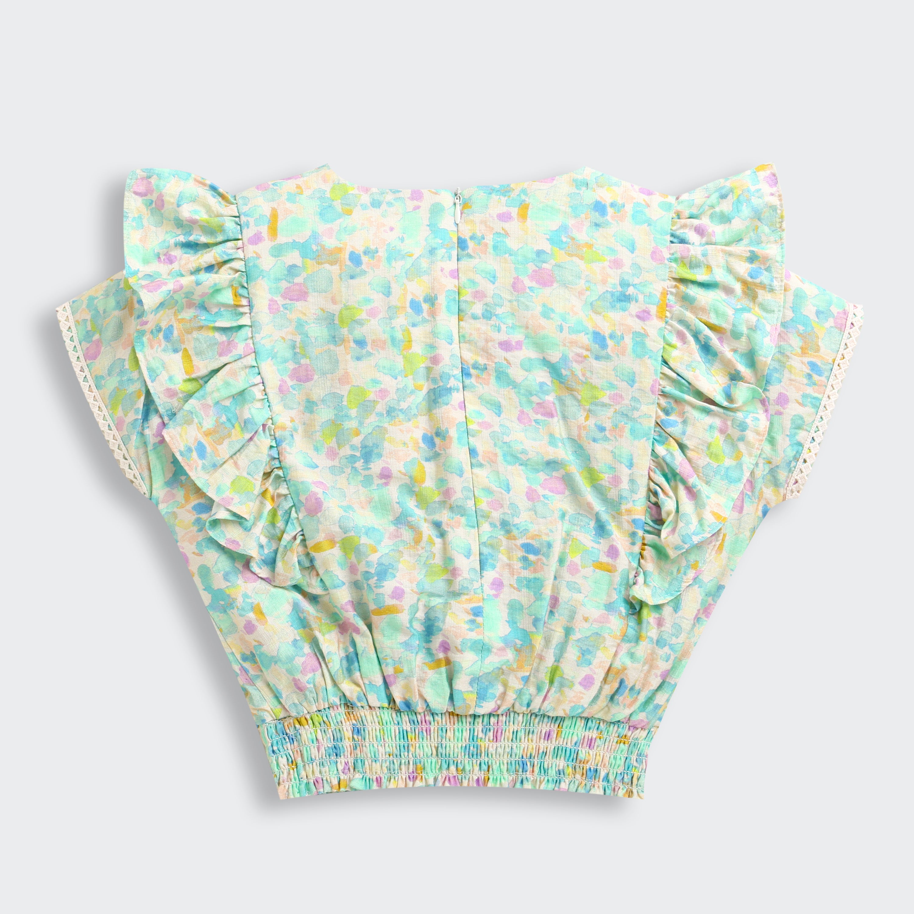 Pastel Floral Printed Ruffle Sleeve Top TG6398