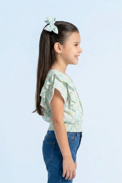 Pastel Floral Printed Ruffle Sleeve Top TG6398