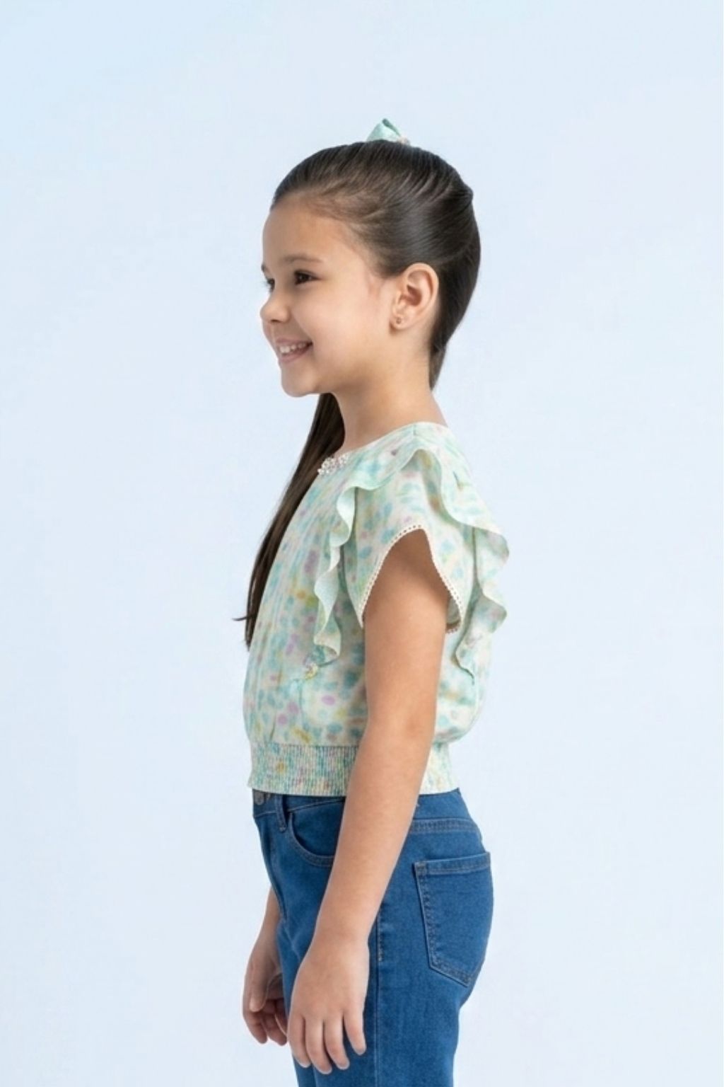Pastel Floral Printed Ruffle Sleeve Top TG6398