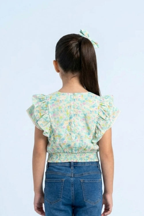 Pastel Floral Printed Ruffle Sleeve Top TG6398
