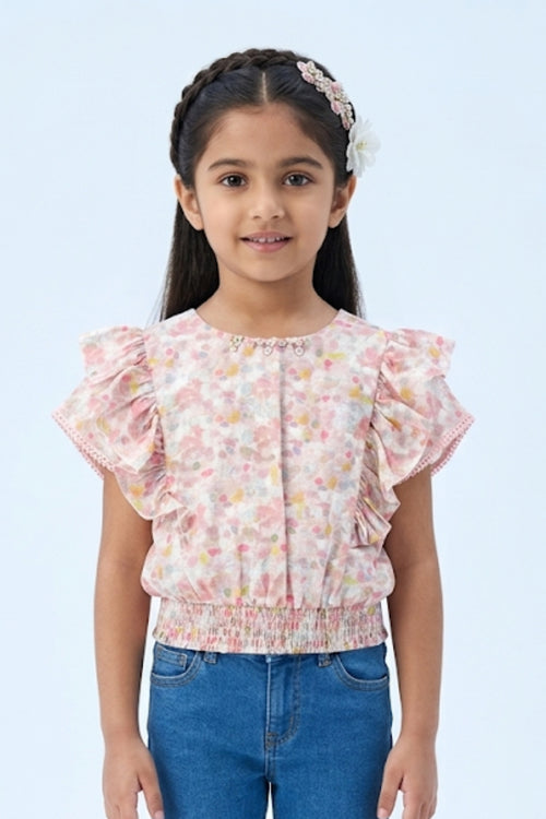Peach Pastel Floral Ruffle Sleeve Top TG6398