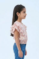 Peach Pastel Floral Ruffle Sleeve Top TG6398
