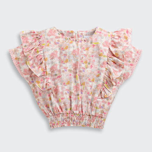 Peach Pastel Floral Ruffle Sleeve Top TG6398